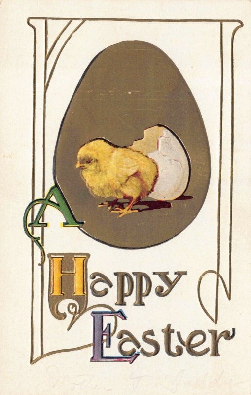 Easter Postcard Large Golden Egg Chick Breaking Out of Egg Shell~127275
