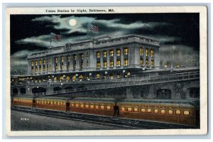 Baltimore Maryland Postcard Union Station Night Moon Train c1910 Vintage Antique