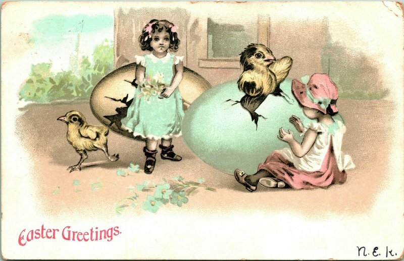 Vtg Postcard 1907 Easter Greetings Giant Eggs Huge Chicks and Children Embossed