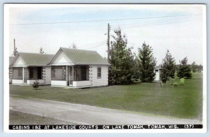 CABINS LAKESIDE COURTS LAKE TOMAH WISCONSIN VINTAGE COLOR RPPC METAL LAWN CHAIRS 