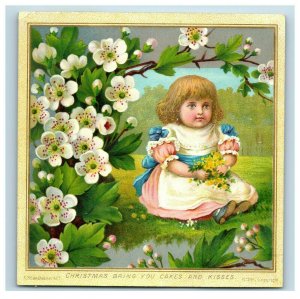 1880s Victorian Christmas Card Cute Child Cakes & Kisses Wishes #5E