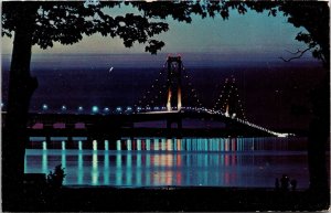 Mackinac Bridge Michigan MI Night Reflection Postcard UNP VTG Unused Vintage 
