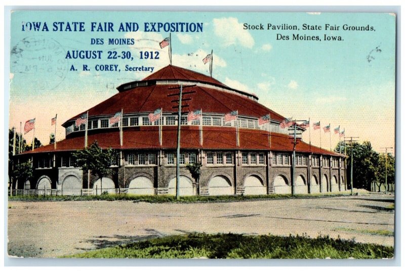 1912 Stock Pavilion State Fair Grounds Exposition Des Moines Iowa IA Postcard