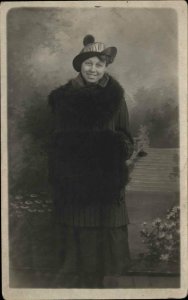 Fancy Woman w Fur Muff and Stole REAL PHOTO RPPC c1910 Postcard