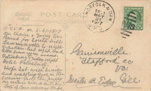 Norfolk & Danville 1907 TR 1 R. P. O. Cancel Postcard