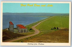 Kalispell Montana Postcard Greetings Fort Peck Dam Lake Aerial View 1960 Vintage