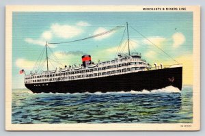 Merchants & Miners Line Steamer Ship Passenger Freight Linen Postcard 1930s