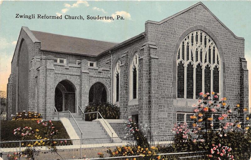 Souderton Pennsylvania~Zwingli Reformed Church~Beautiful Stone Bldg & Flowers~Pc