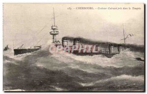 Old Postcard Cherbourg Cruiser breastplate caught in the storm