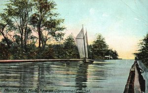 Vintage Postcard 1918 View On Government Canal Boat Ship Monroe Pier Michigan MI