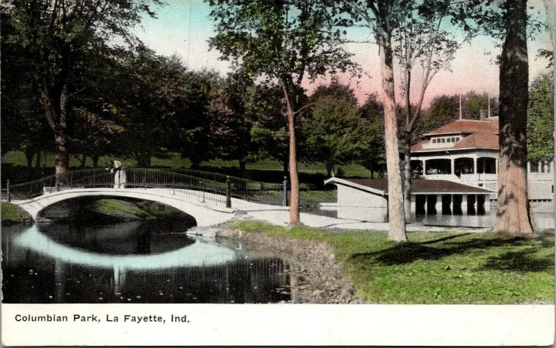 Vtg 1910s Columbian Park Pavilion Lady on Bridge Lafayette Indiana IN Postcard