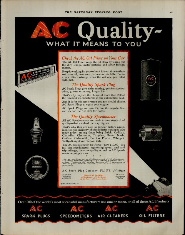 1927 AC Quality Spark Plugs Air Cleaners for Car Vintage Print Ad 3910