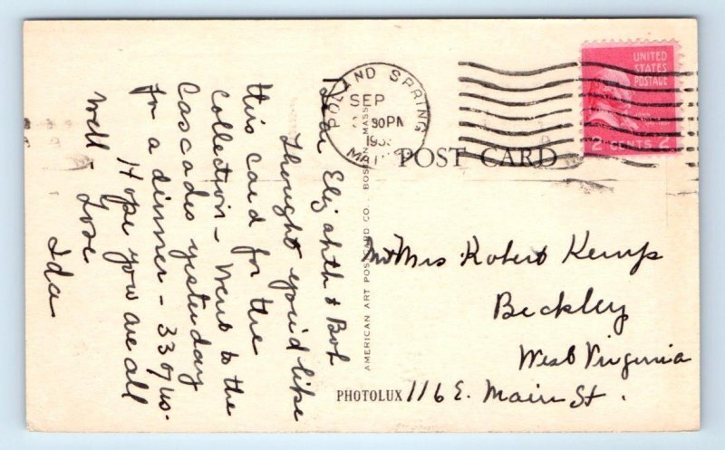SACO, Maine ME ~ Lobster Greetings CASCADE LODGE & CABINS 1933 Roadside Postcard