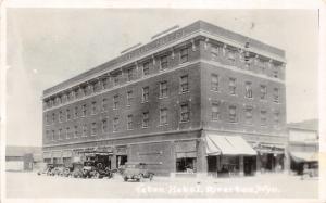 Riverton Wyoming~Teton Hotel (Corner Street View)~Classic Cars Parked~1932 RPPC