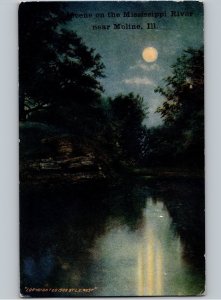 c1909 Moonlight On Mississippi River Moline Illinois IL LE West Postcard