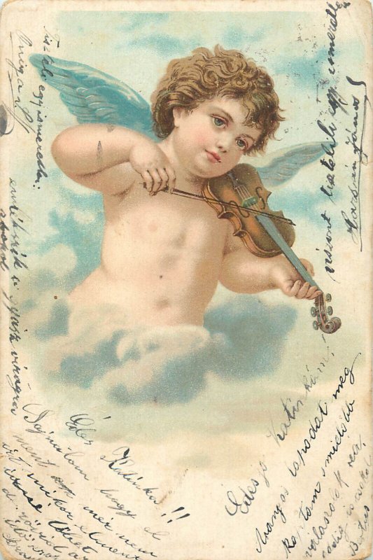 Violin musical angel greetings chromo postcard 1900s, Hungary undivided back