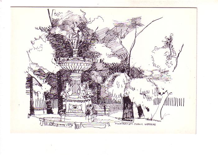 R Hupman Sketch of Fountain in Public Gardens, Halifax, Nova Scotia, Fly By N...