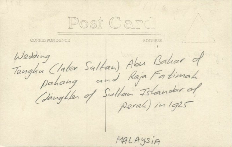 malaysia, Wedding Tenku Abu Bakar of Pahang & Raja Fatimah of Perak (1925) RPPC