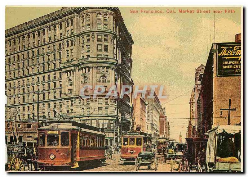 Postcard Modern San Francisco California. Trolleys and horse-drawn carriages ...