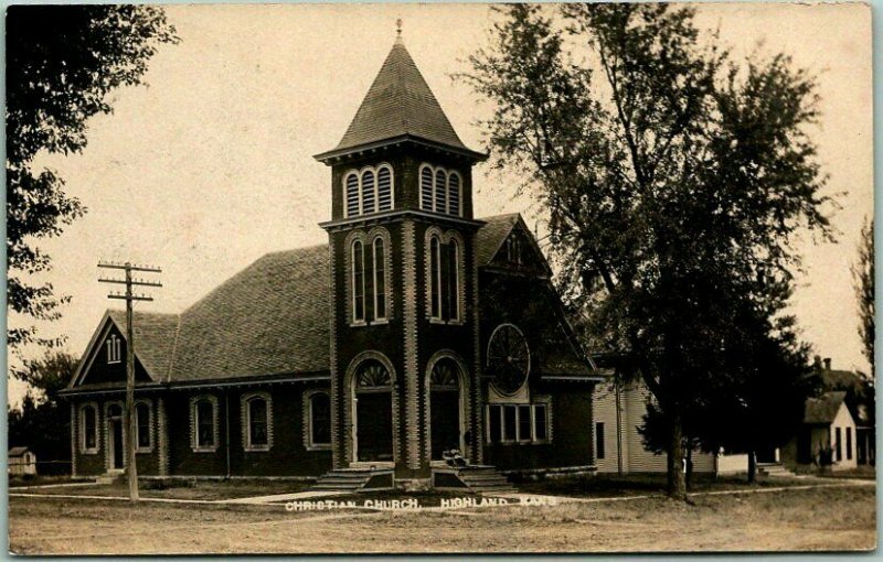 HIGHLAND, Kansas RPPC Real Photo Postcard CHRISTIAN CHURCH Building