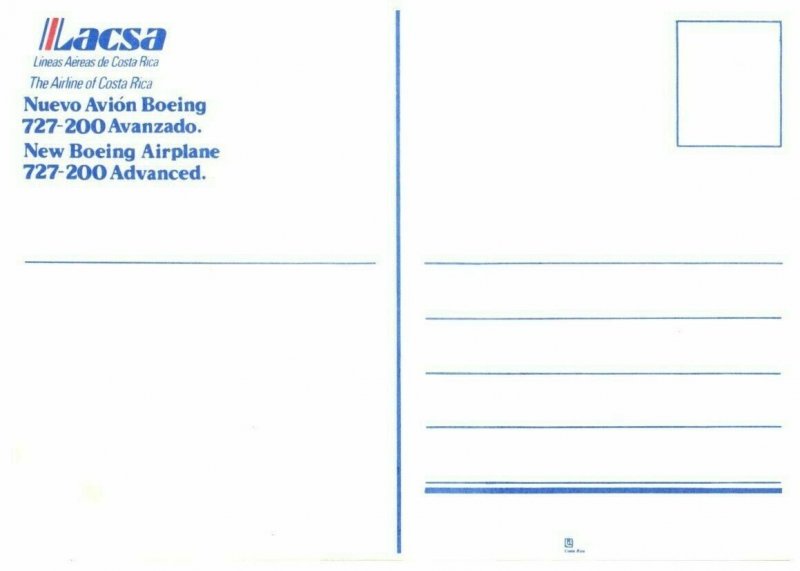 Lacsa The Airline of Costa Rica Boeing 727 200 Airline Issued Postcard 