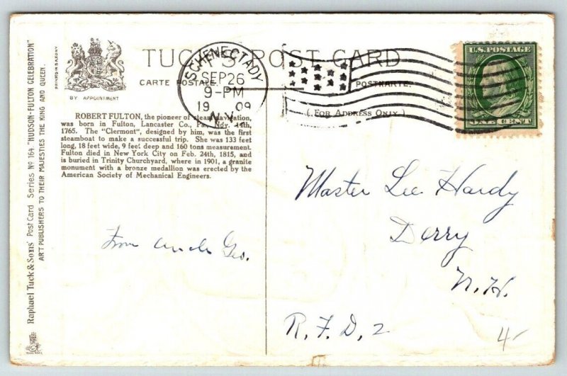 Tuck's  Robert Fulton Patriotic  New York Steamer Clermont Postcard  1909