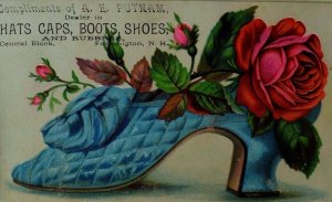 1870's-80's A. E Putnam Dealer Hats Caps Boots & Shoes Lady's Blue Shoe Roses #L