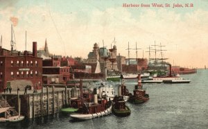 Harbour from West Boats Ship St John New Brunswick Canada CAN Vintage Postcard