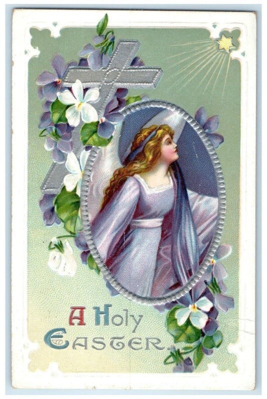 1912 Easter Holy Cross Angel Flowers Clapsaddle Embossed Binghamton NY Postcard