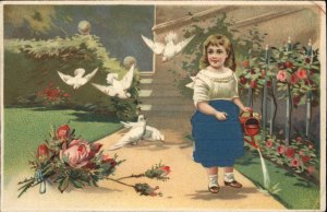Little Girl in Blue Real Silk Skirt with Watering Can c1910 Vintage Postcard