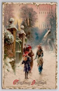 John Winsch Christmas Fancy Victorian Women Man Top Hat Snow Scene Postcard C39
