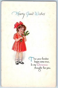 Christmas Postcard Little Girl With Holly Berries Embossed c1910s Posted Antique