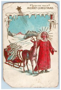 1910 Merry Christmas Girl Reindeer Sleigh Winter Dixon IL Embossed Postcard