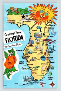 Greetings Florida Sunshine State Map Orange Atlantic Ocean Gulf Mexico Postcard 