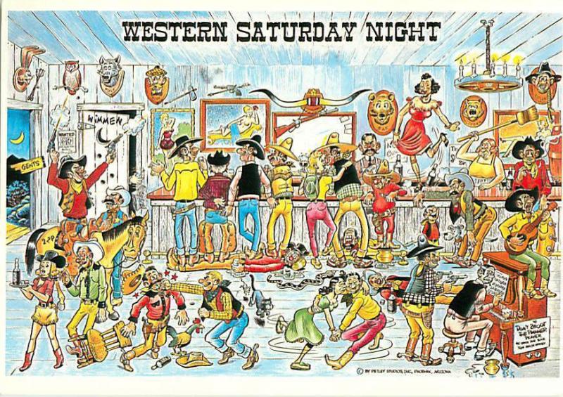 Western Saturday Night Saloon Dancing Bar Fight Cowboy Cowgirls Postcard  # 6622