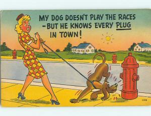 Unused Linen risque WIFE'S MAN & DOG KNOW EVERY PLUG IN TOWN r1963