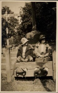 England Prison Stocks Tourist Attraction Malton Sign Women Real Photo Postcard