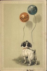 German New Year Puppy Dog & Balloons c1905 Postcard SCARCE PFB