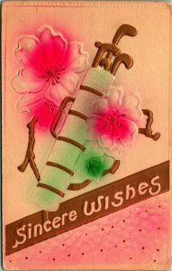 Golf Bag Flowers Airbrushed Embossed High Relief 1910s DB Postcard UNP