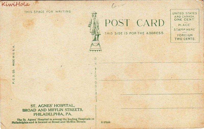 Postcard St Agnes Hospital Broad & Miflin Sts Philadelphia PA