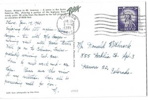 Mt. Lemmon Highway Catalina Mountains near Tucson Arizona Mailed 1-8-1961