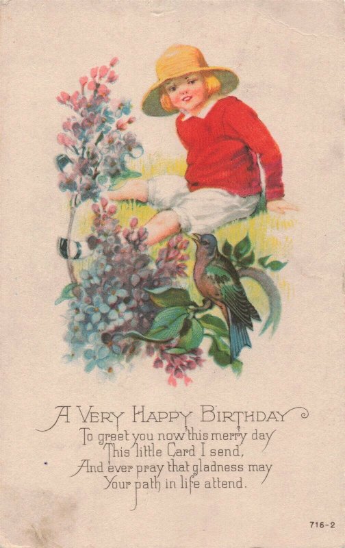 c.1907-15 Adorable Girl Red Sweater Birds Birthday Postcard 2T6-527