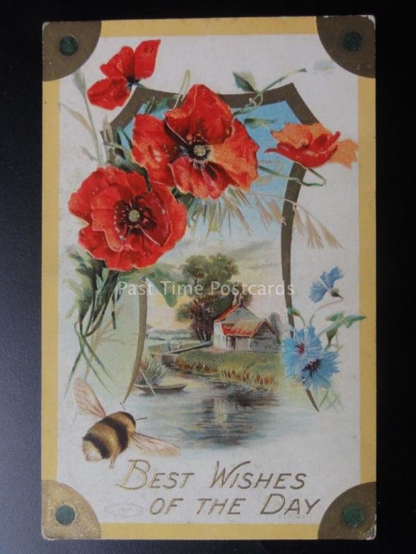 Embossed Poppy Postcard: Best Wishes of the Day - Old Postcard