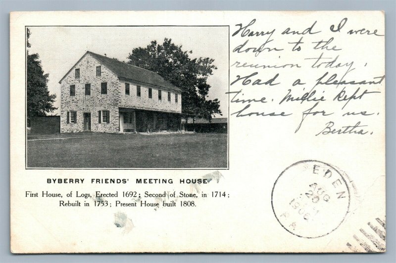 PHILADELPHIA PA BYBERRY FRIENDS MEETING HOUSE 1906 ANTIQUE POSTCARD