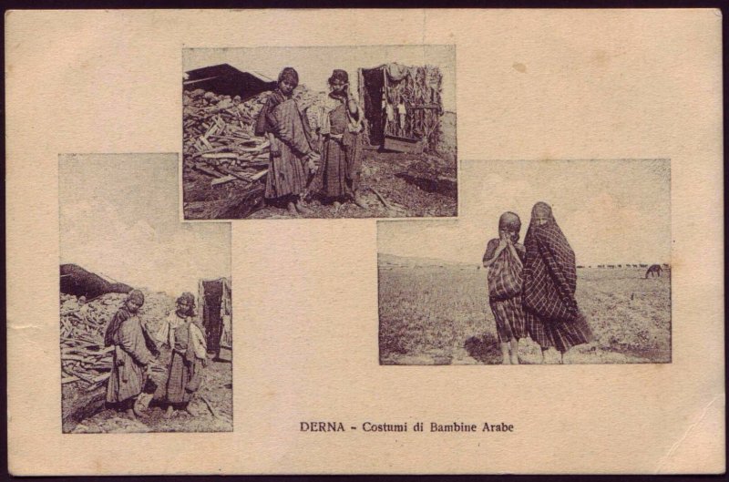 Africa Libya Derna 1919 Arab Children postcard Costumi di Bambine