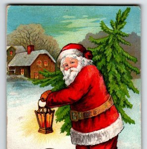 Santa Claus Lantern Tree Christmas Postcard 1907 HI Robbins Embossed Series 932