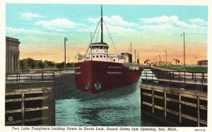 Vintage Postcard Lake Freighters Locking Down Davis Look Guard Gate Soo Michigan