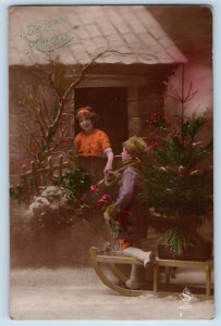 France Postcard RPPC Photo Christmas New Year Bonne Annee Boy With Flowers