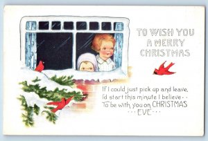 Christmas Postcard Children On Window Song Birds Winter Scene Moorhead MN Posted