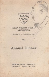 Surrey Hockey Club Vintage 1951 Brighton Hotel Dinner Menu